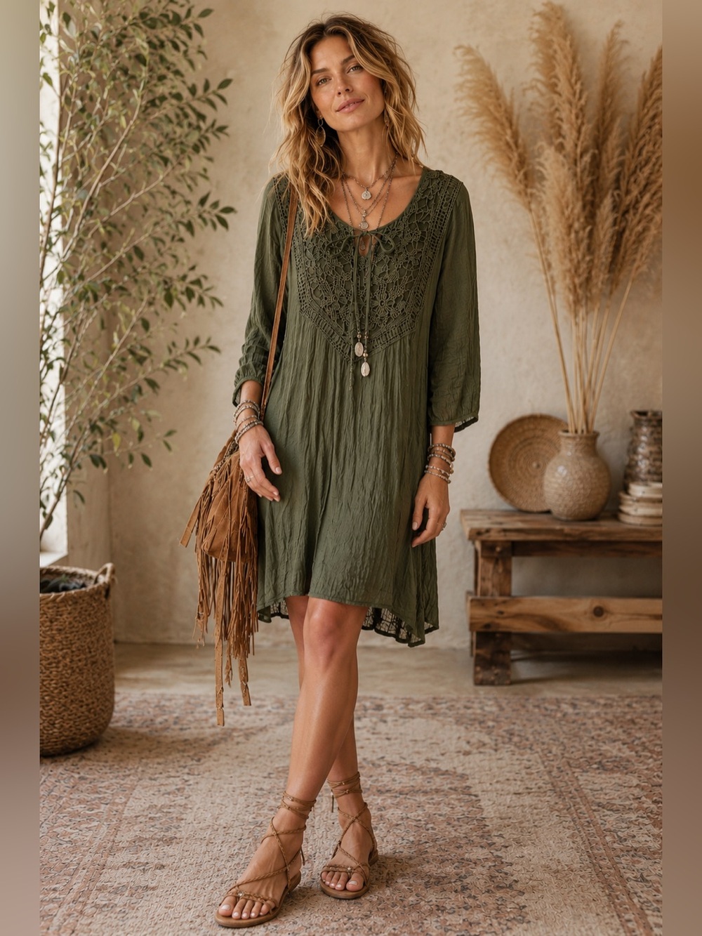 Indigo Rose Olive Green Crochet Yoke Tunic Dress with Tie Detail Size XL